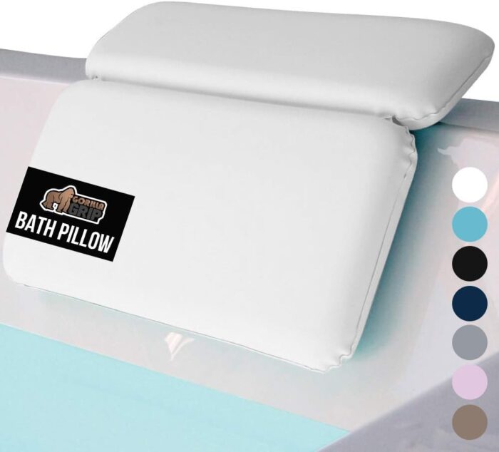 GORILLA GRIP bath pillow resting on a bathtub, showing its cushioned headrest and textured surface for comfort and support.