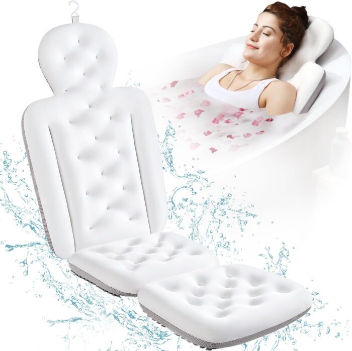 VOXOR full body bath pillow placed in a white bathtub, showing soft quilted cushioning and headrest for spa-like comfort during bath.