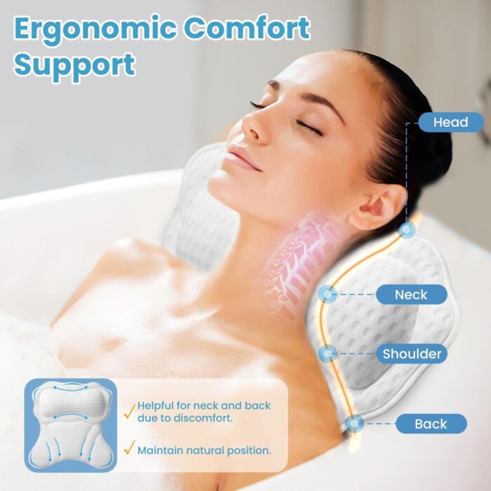 WYGOMES bath pillow resting on the edge of a white bathtub, showing its soft, contoured design and suction cups for comfort and support.