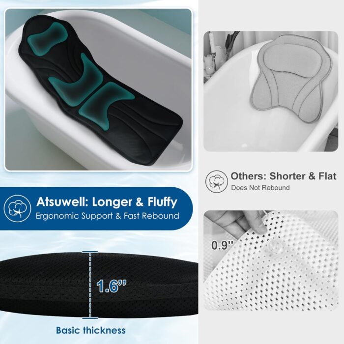 Sink into luxury! This full-body bath pillow offers soft cushioning, head-to-toe support, and non-slip suction cups for the ultimate relaxing soak.