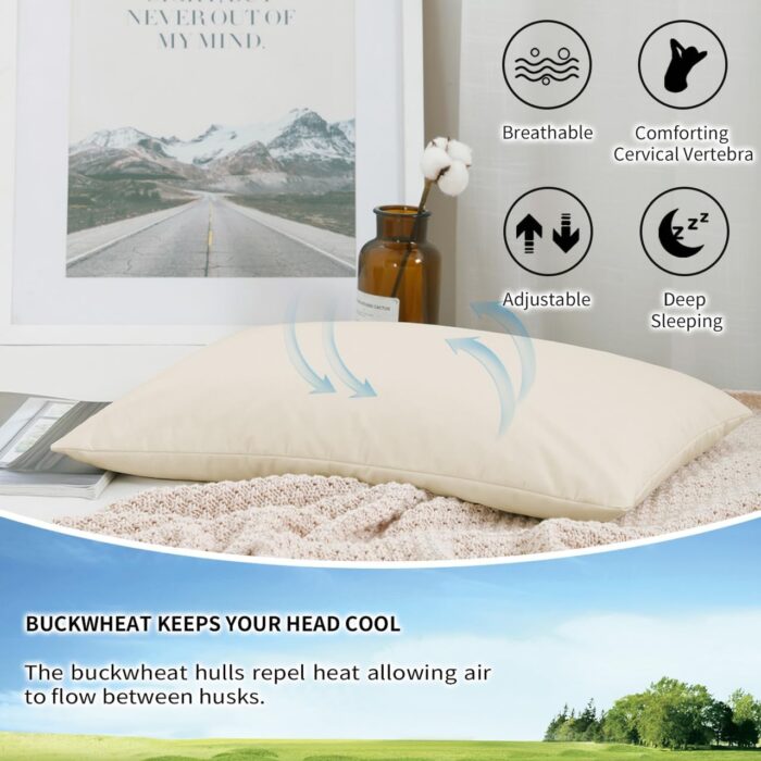 LOFE Organic Buckwheat Pillow: Naturally supportive for cooling, comfortable sleep. Hypoallergenic, adjustable, 20″ × 26″. Wake up refreshed!