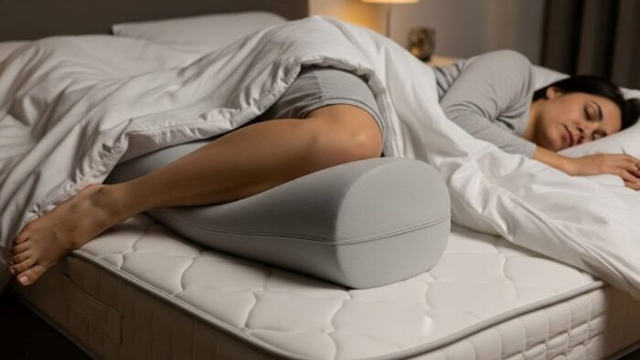 Memory foam bolster positioned between knees of side sleeping person on white bedding