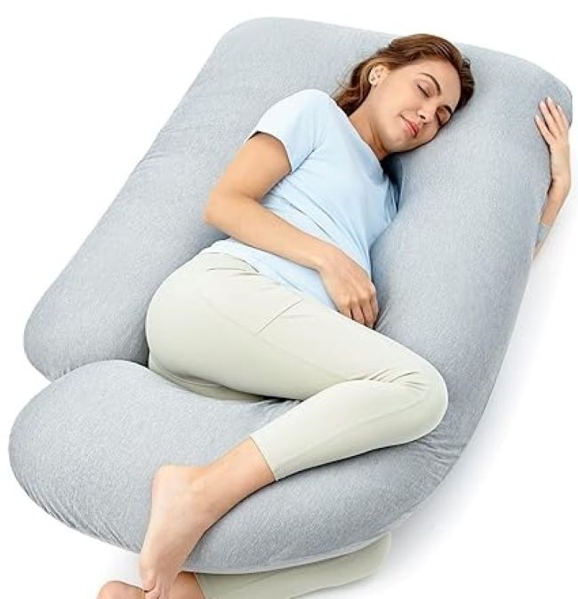 Momcozy U-shaped pregnancy maternity pillow supporting belly and back