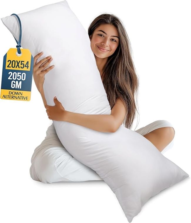 Utopia Bedding long full-body side sleeper pillow placed on bed