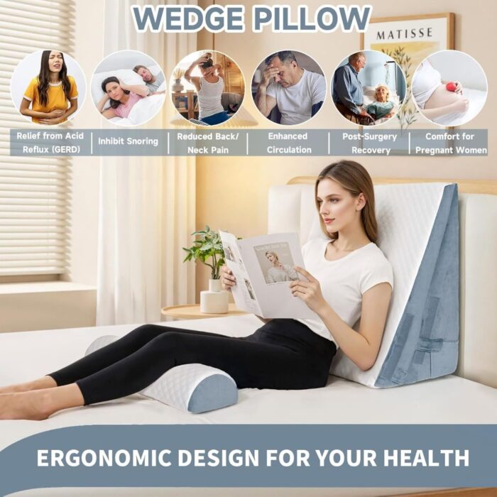 SJEUQOP Adjustable Bed Wedge Pillow Set – three-piece gray triangle wedge pillows with adjustable height for sleep, reflux relief, and leg support