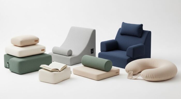 Different types of reading pillows including wedge pillow and backrest pillow displayed on a white background