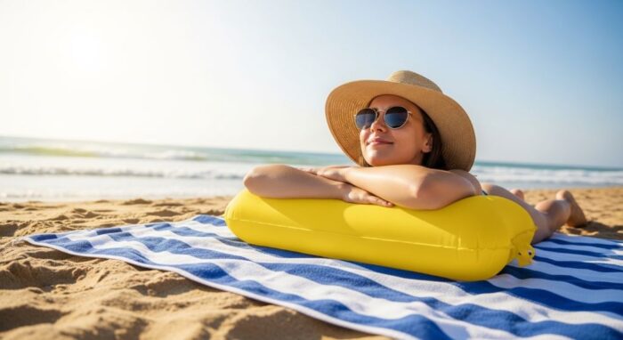 Person relaxing on a beach towel using a compact inflatable beach pillow under bright summer sun