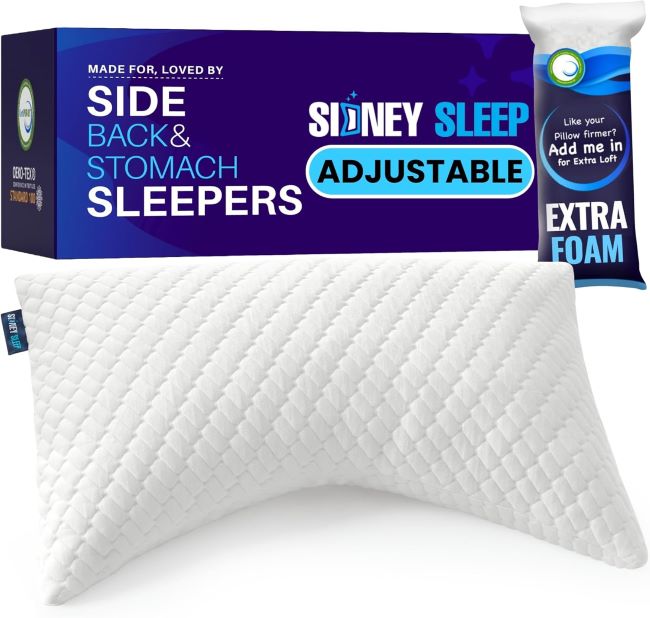 Sidney Sleep curved contour pillow with adjustable fill for neck and shoulder support for side and back sleepers