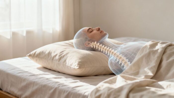 Memory foam pillow positioned under head of back sleeper to maintain healthy sleep posture