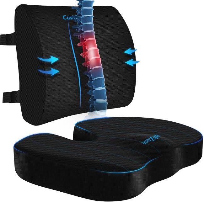CushZone ergonomic seat cushion and lumbar support pillow with non-slip design for posture correction and pain relief