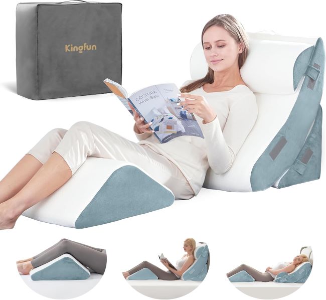Kingfun 4-piece wedge pillow set arranged for back, neck, and leg support during sleep and recovery