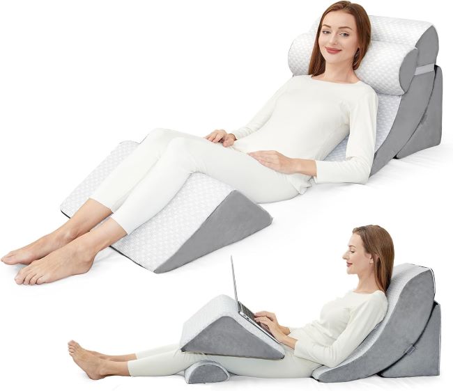 PIASHJOY 4-piece wedge pillow positioned at 45-degree angle for acid reflux relief and anti-snoring