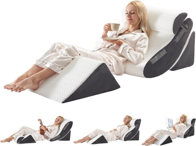 WSOFRLAC wedge pillow set supporting back, neck, and legs for improved sleep posture