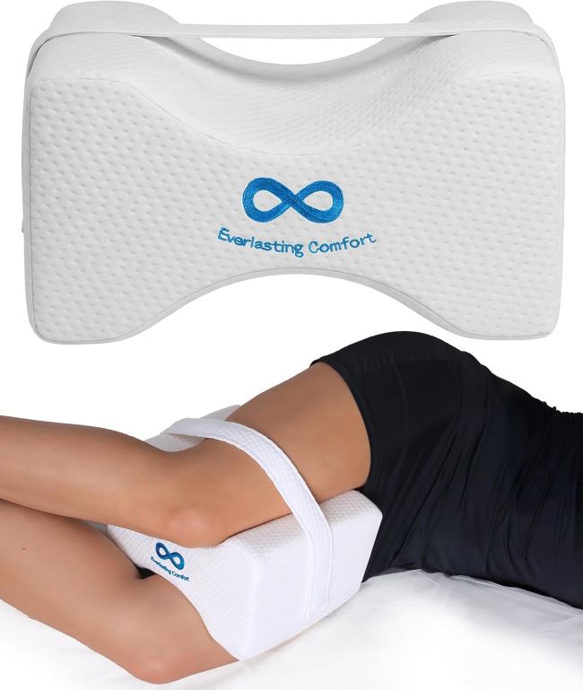 Everlasting Comfort memory foam knee pillow for side sleepers, designed for hip alignment, sciatica relief, and lower back support