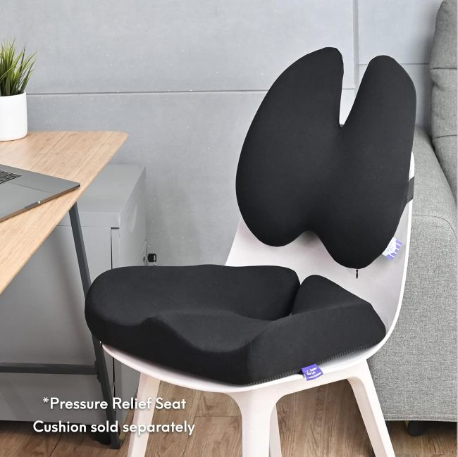 C CUSHION LAB lumbar support pillow positioned on an office chair for comfortable sitting