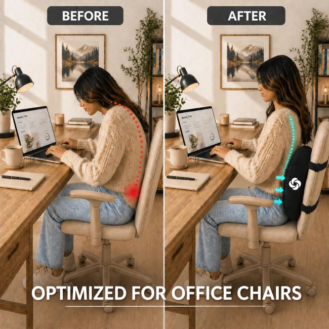 Samsonite Lumbar Support Pillow attached to an office chair for everyday sitting support