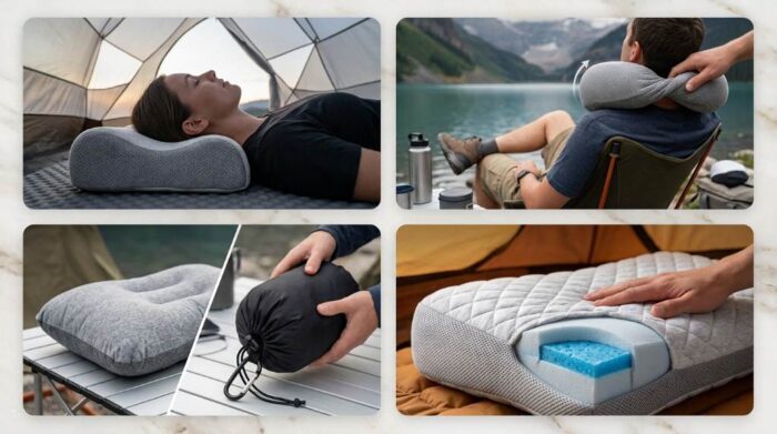 Memory foam camping pillow supporting a side sleeper outdoors