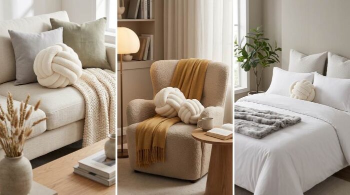 Uvvyui Knot Pillow Ball decorating a cozy reading chair